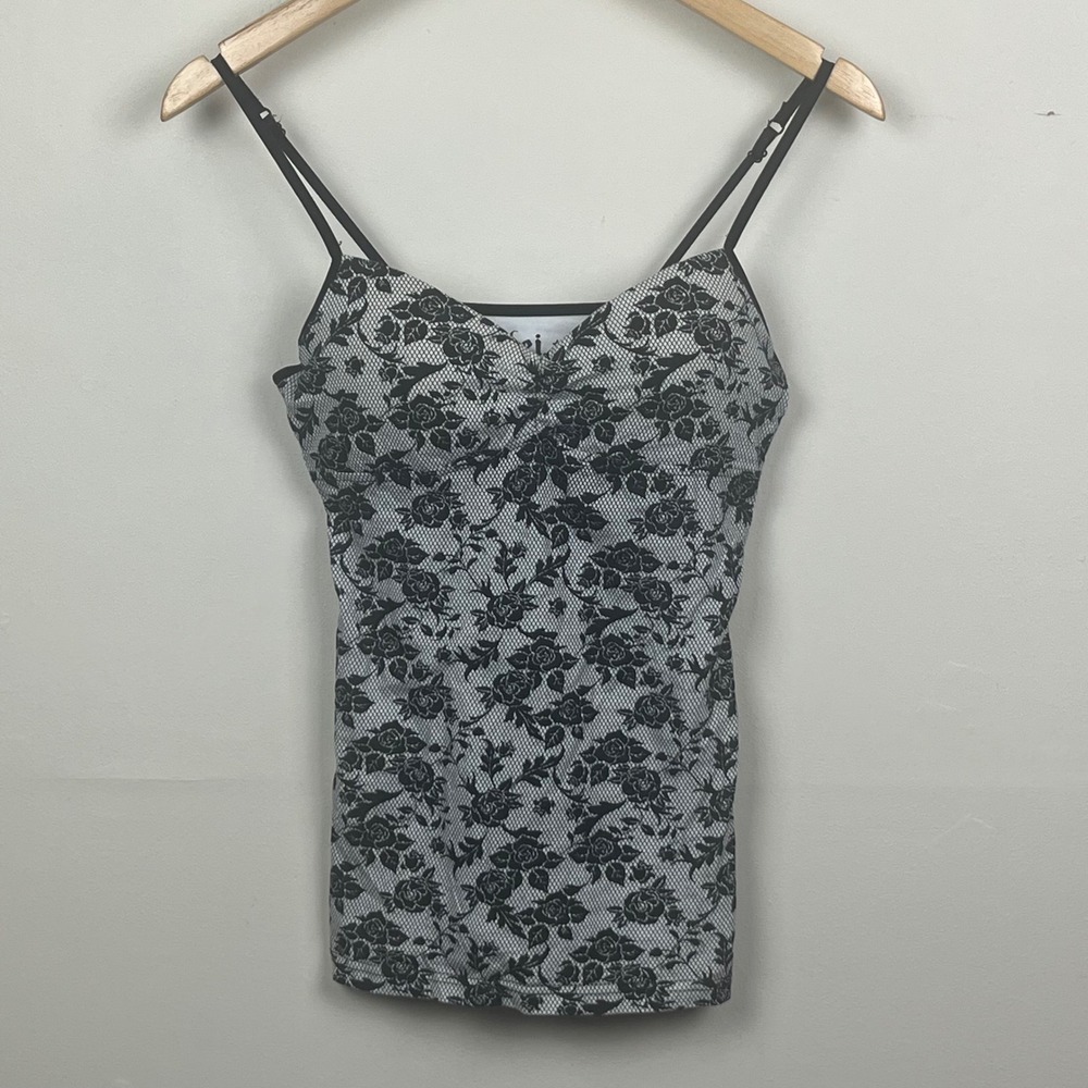 LEI Floral Fishnet Camisole Top Black White Rose Print Cotton Junior M